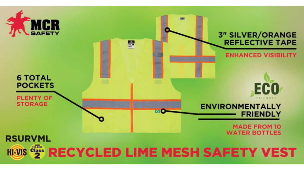 MCR Safety Hi Vis Reflective Safety Vest, ANSI 107 Type R, Class 2, Zipper Front with 4 Outer and 2 Inner Pockets, Fluorescent Lime, M, RSURVMLM