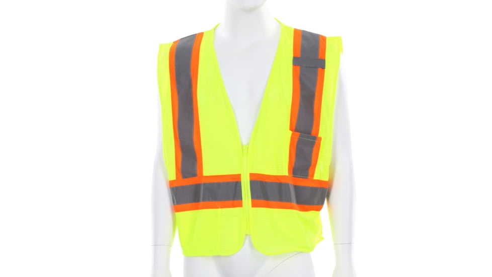 MCR Safety Hi Vis Reflective Safety Vest, ANSI Type R Class 2, 3.5in Silver Stripes, Zipper Front Closure, Limited Flammability, Fluorescent Lime, 4X, VWCCL2LFRX4