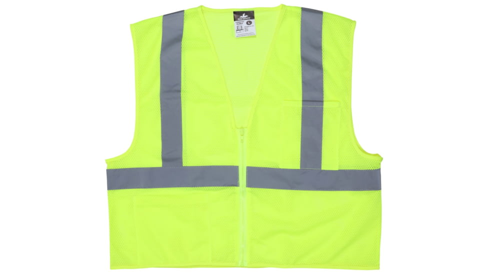 MCR Safety Hi Vis Reflective Safety Vest, ANSI Type R Class 2, Mesh with 2in Silver Stripes, Dielectric Zipper Front Closure, Fluorescent Lime, 4X, CL2MLPX4