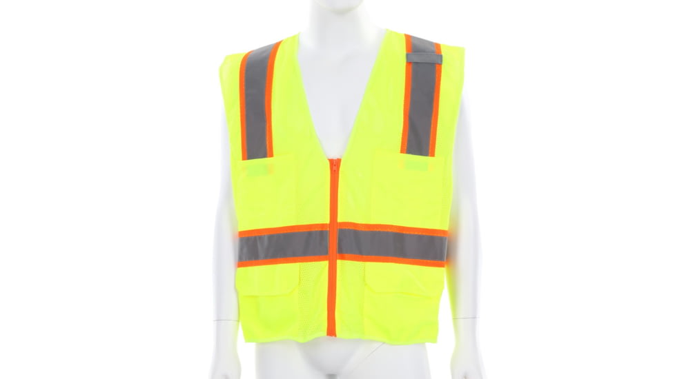 MCR Safety Hi Vis Reflective Safety Vest, ANSI Type R Class 2, Mesh with 3in Silver Stripes, Zipper Front Closure, Fluorescent Lime, S, SURVMLS