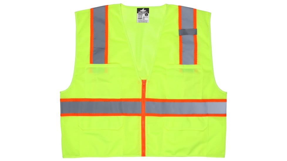 MCR Safety Hi Vis Reflective Safety Vest, ANSI Type R Class 2, Mesh with 3in Silver Stripes, Zipper Front Closure, Fluorescent Lime, S, SURVMLS
