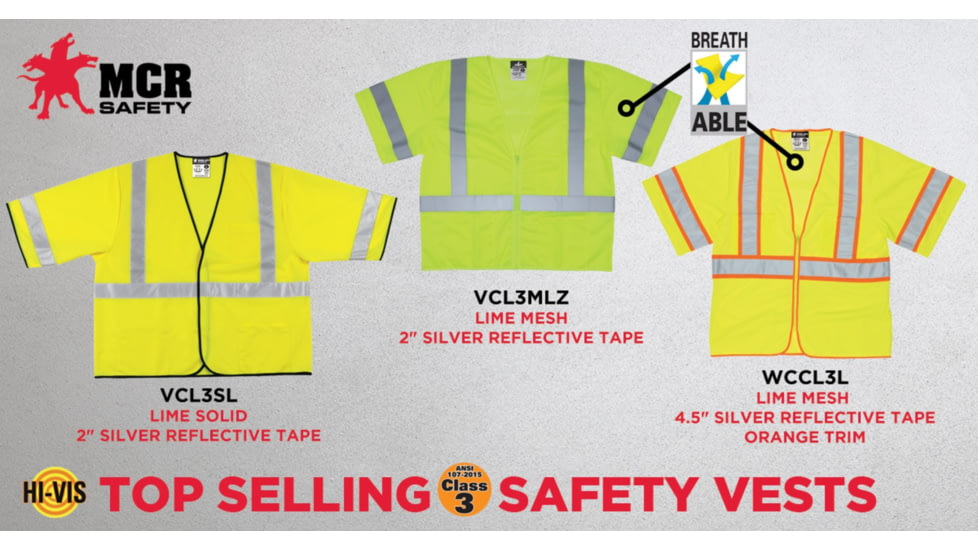 MCR Safety Hi Vis Reflective Safety Vest, ANSI Type R Class 3, Solid with 2in Silver Stripes, Hook and Loop Front Closure, Fluorescent Lime, 4X, VCL3SLX4