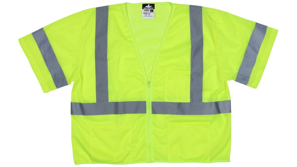 MCR Safety Hi Vis Reflective Safety Vest, ANSI Type R Class 3, Mesh with 2in Silver Stripes, Zipper Front Closure, Fluorescent Lime, 3X, VCL3MLZX3