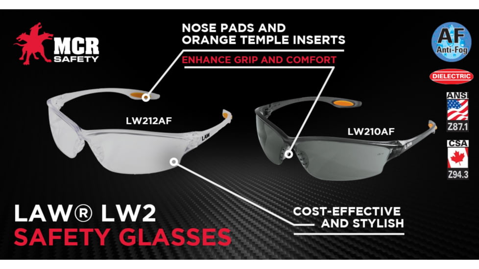 MCR Safety Law LW2 Series Safety Glasses, Anti-Fog Lens, Soft Secure TPR Nose Piece and Temple Inserts, Gray, One Size, LW212AF