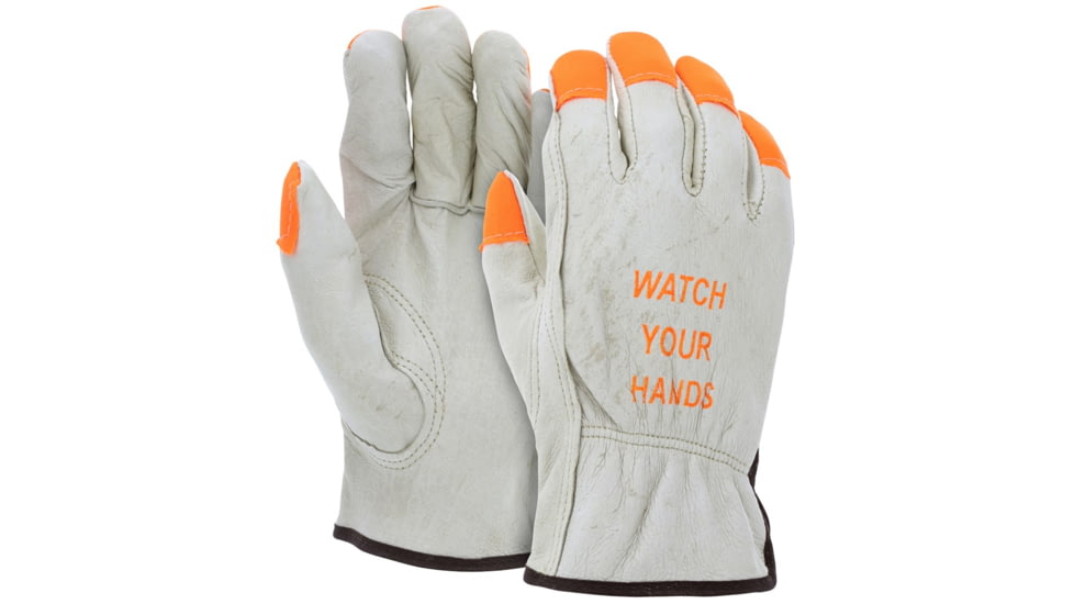MCR Safety Leather Drivers Work Gloves, CV Grade Grain Pigskin, Fingertips and Watch Your Hands Logo, Keystone Thumb, Beige, Medium, 3413HVIM