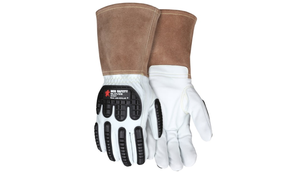 MCR Safety Leather Welding Work Gloves, Premium Grain Goatskin Leather, 5in Split Cowskin Cuff, Thinsulate Lined, White, Medium, 48406TM