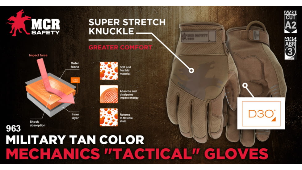 MCR Safety Mechanics Gloves with TaskFit Design, Synthetic Leather Palm, Nylon and Spandex Back, Tan, Large, 963L
