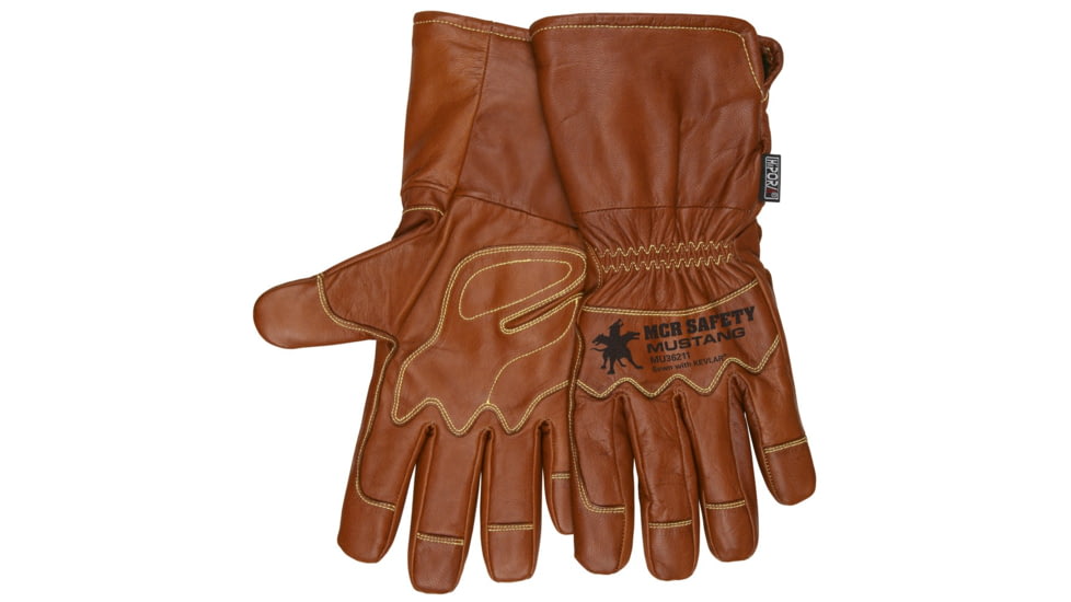 MCR Safety Mustang Utility Leather Work Gloves, Premium Grain Goatskin Double Palm, Fleece Lined with a Waterproof/Windproof Bladder, Sewn with DuPont Kevlar, Brown, Large, MU36211L