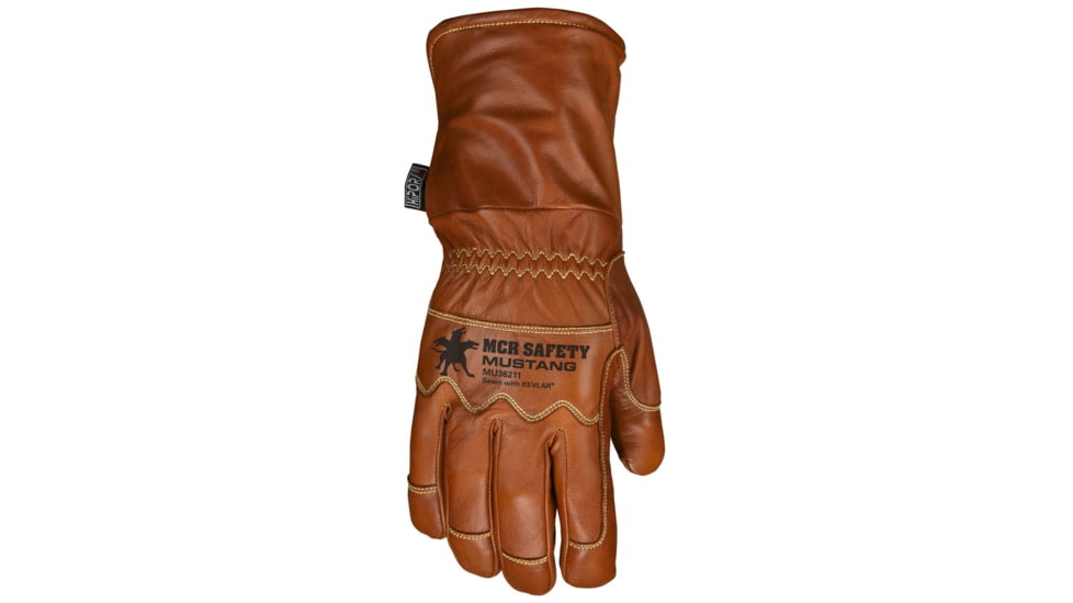 MCR Safety Mustang Utility Leather Work Gloves, Premium Grain Goatskin Double Palm, Fleece Lined with a Waterproof/Windproof Bladder, Sewn with DuPont Kevlar, Brown, Large, MU36211L