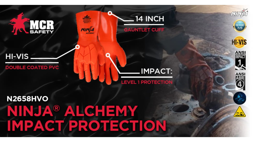 MCR Safety Ninja Alchemy Work Gloves, 15 Gauge Nylon Shell, Fully Double Coated with PVC, TPR Back of Hand Impact Protection, 14in Gauntlet Cuff, Orange, Medium, N2658HVOM