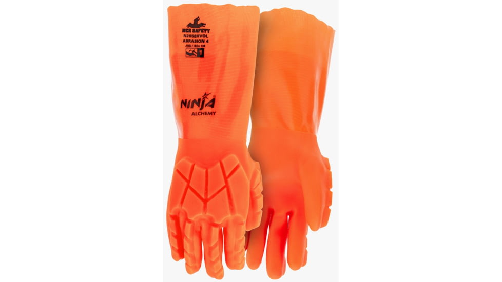 MCR Safety Ninja Alchemy Work Gloves, 15 Gauge Nylon Shell, Fully Double Coated with PVC, TPR Back of Hand Impact Protection, 14in Gauntlet Cuff, Orange, Medium, N2658HVOM