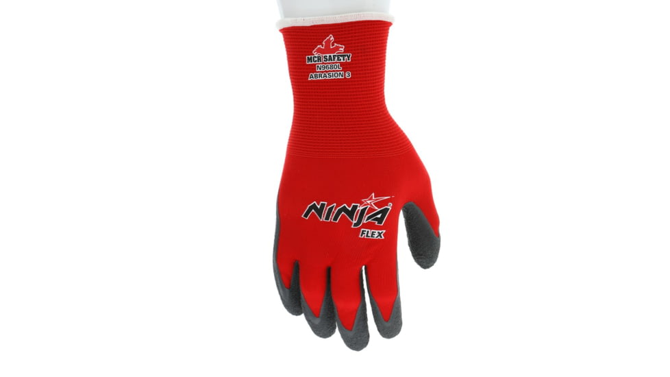 MCR Safety Ninja Flex Work Gloves, 15 Gauge Nylon Shell, Latex Coated Palm and Fingertips, Gray/Red, Medium, N9680M