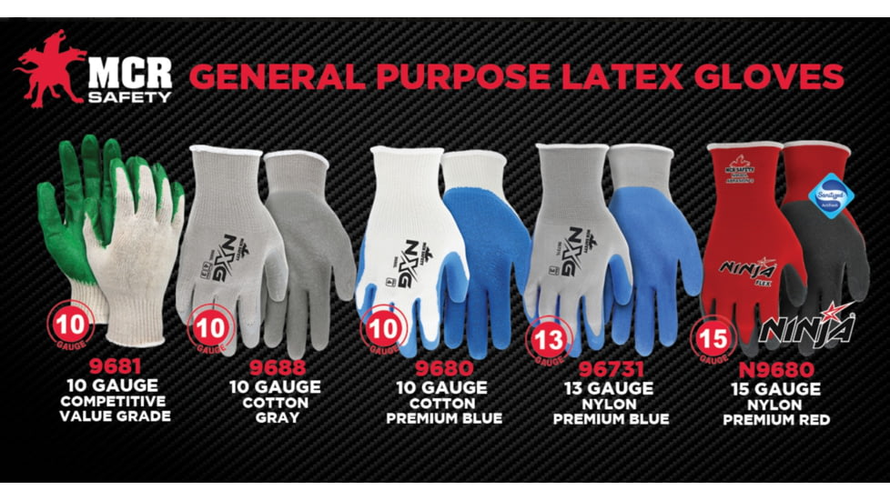 MCR Safety Ninja Flex Work Gloves, 15 Gauge Nylon Shell, Latex Coated Palm and Fingertips, Gray/Red, Medium, N9680M