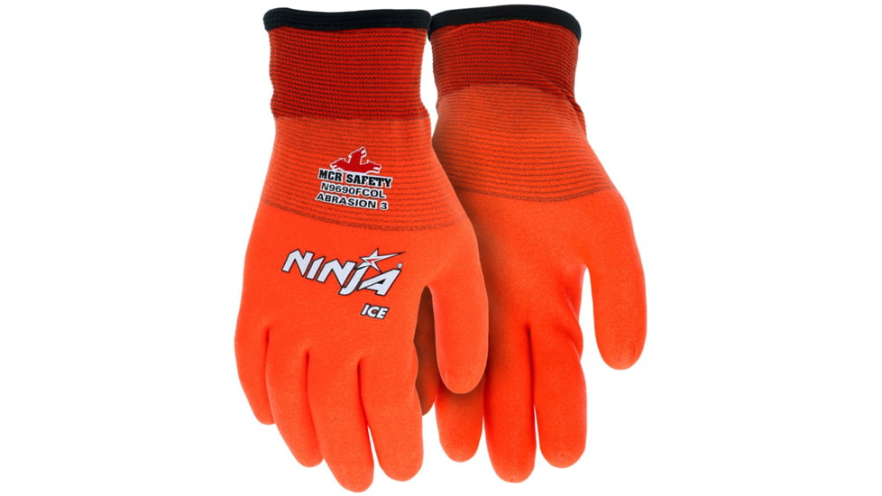 MCR Safety Ninja Ice Insulated Work Gloves, 15 gauge Nylon with Acrylic Terry Interior, Fully Coated with HPT, Orange, Large, N9690FCOL