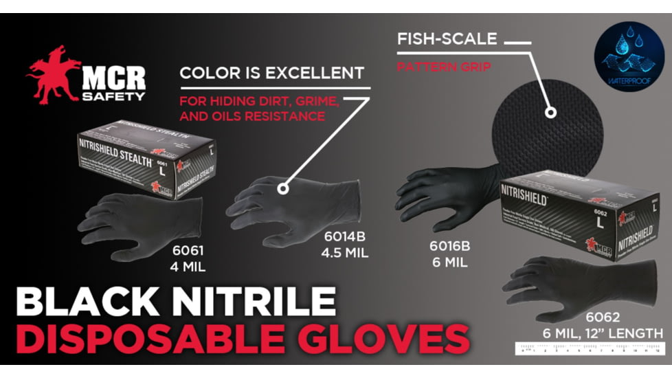 MCR Safety NitriShield Stealth Disposable Nitrile Gloves, Powder Free Industrial Food Service Grade, 9.5in Length, 4 mil Thickness, Black, XX - Large, 6061XXL