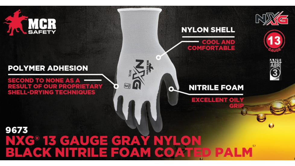 MCR Safety NXG Work Gloves, 13 Gauge Nylon, Nitrile Foam Coated Palm and Fingertips, Black/Gray, Medium, 9673M