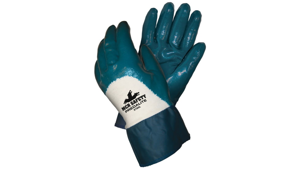 MCR Safety Predalite Nitrile Coated Work Gloves, Palm and Over the Knuckle Coating, Soft Interlock Lining, Treated with ActiFresh, PVC Safety Cuff, Blue/White, Small, 9785S