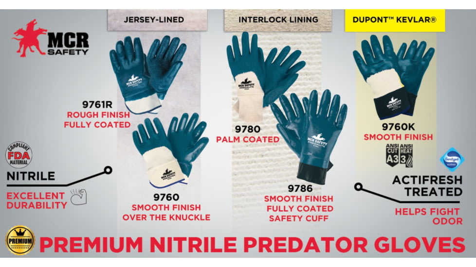 MCR Safety Predator Series Over the Knuckle Nitrile Coated Work Gloves, Palm Reinforced with DuPont Kevlar, Safety Cuff and Jersey Lined, Blue/White, Large, 9760K