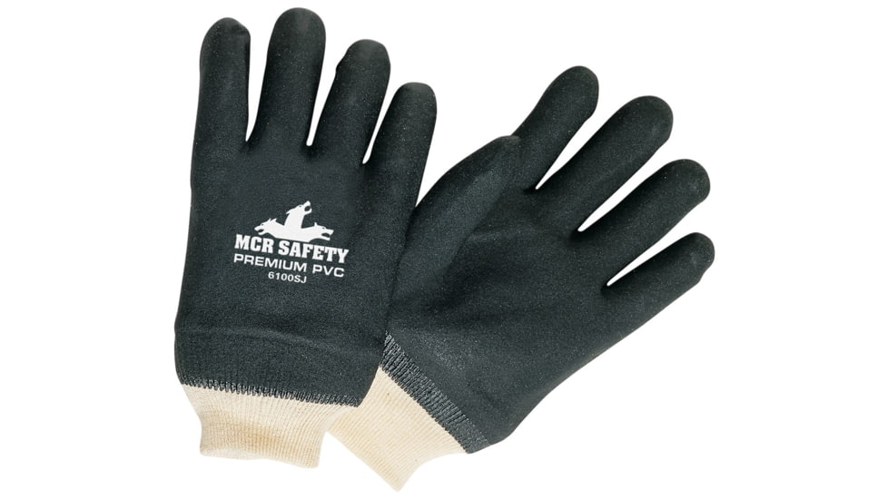 MCR Safety Premium PVC Coated Work Gloves, Double Dipped with Sandy PVC, Soft Jersey Lining, Comfortable Knit Wrist, Black/White, Large, 6100SJ