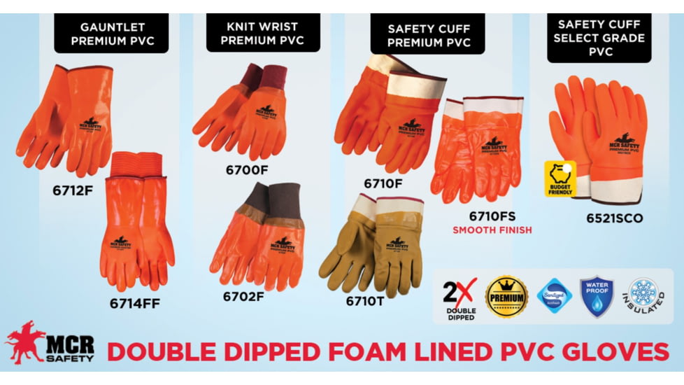 MCR Safety PVC Coated Insulated Work Gloves, Single Dipped Hi-Vis Smooth PVC, Foam Lined, Protective Safety Cuff, Orange/White, Large, 6710FS
