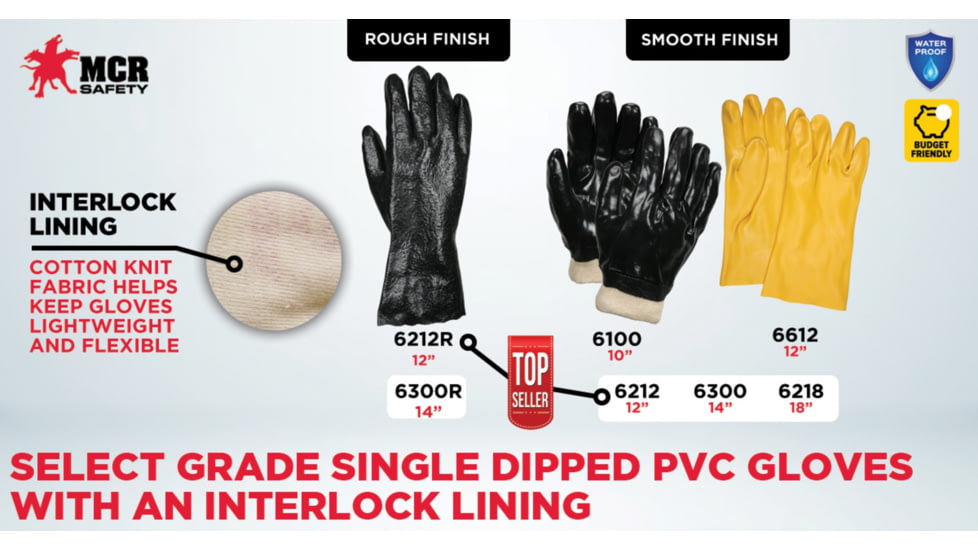 MCR Safety PVC Coated Work Gloves, Single Dipped with Smooth Yellow PVC, Soft Interlock Lining, 12in Length, Yellow, Large, 6612
