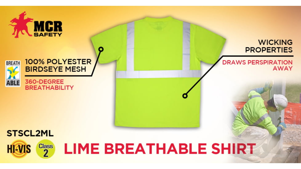 MCR Safety STSCL2MLX4 Hi Vis Safety Work T-Shirts, Soft Poly Birdseye Mesh, Short Sleeve and Tagless Design, ANSI 107 Type R Class 2, Fluorescent Lime, 4X, STSCL2MLX4