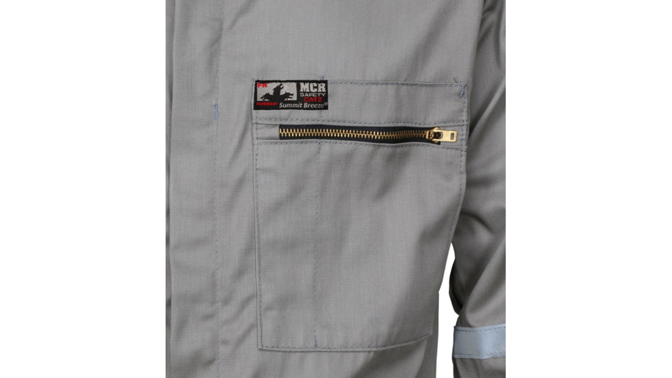 MCR Safety Summit Breeze Flame Resistant Coverall, 7oz Cotton, Long Sleeve Coverall with Vented Underarms and Back, 1in Silver Reflective Stripes, CAT 2, Gray, 201138T, SBC201138T
