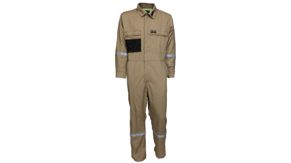 MCR Safety Summit Breeze Flame Resistant Coverall, 7oz Cotton, Long Sleeve Coverall with Vented Underarms and Back, 1in Silver Reflective Stripes, CAT 2, Tan, 201342T, SBC201342T
