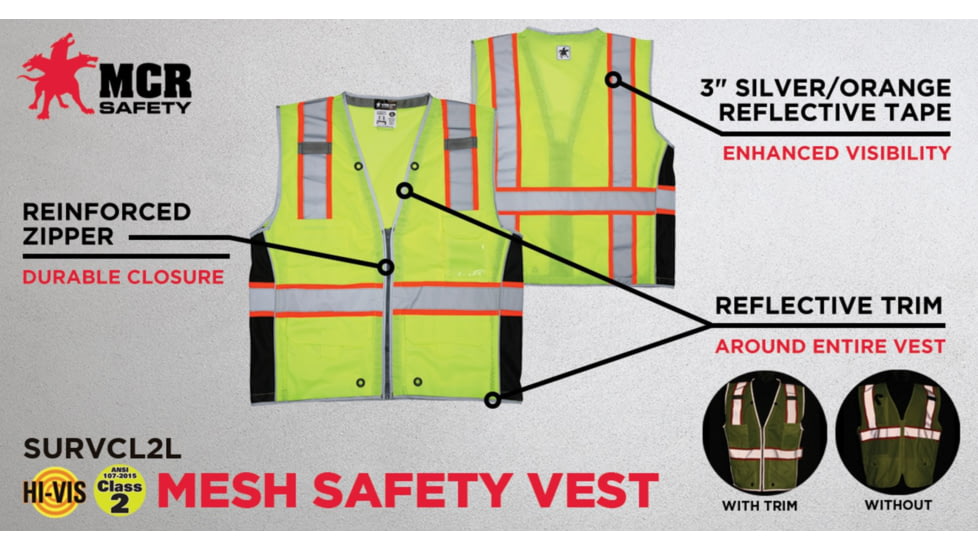 MCR Safety SURVCL2LX2 Hi Vis Reflective Safety Vest, ANSI Type R Class 2, Mesh with 3in Silver Stripes, Trimmed with Silver Reflective, Zipper Front Closure, Fluorescent Lime, 2X, SURVCL2LX2