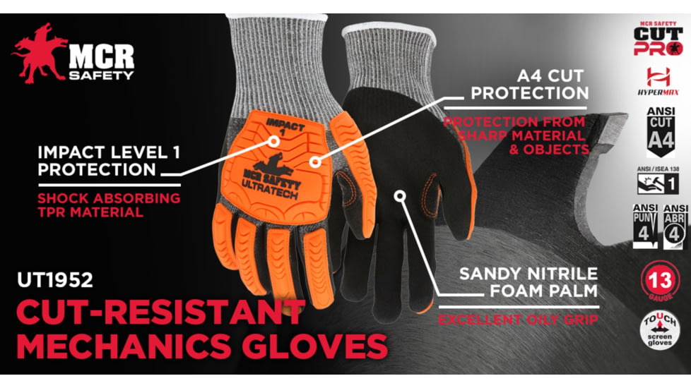 MCR Safety UltraTech Mechanics Gloves, Cut Pro 13 Gauge HyperMax Shell with Sandy Nitrile Foam Palm and Fingertips, Black/Salt and Pepper, Small, UT1952S