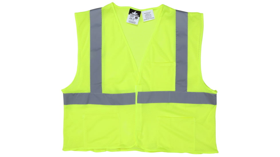 MCR Safety VCL2MLFRL Hi Vis Reflective Safety Vest, ANSI Type R Class 2, Mesh with 2in Silver Stripes, Hook and Loop Front Closure, Limited Flammability, Fluorescent Lime, L, VCL2MLFRL