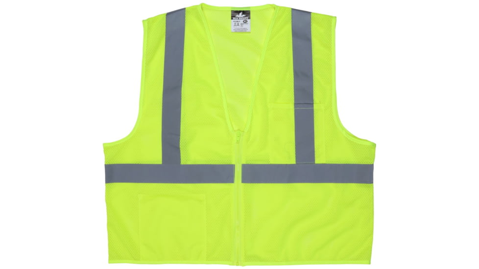 MCR Safety VCL2MLPL Hi Vis Reflective Safety Vest, ANSI Type R Class 2, Mesh with 2in Silver Stripes, Hook and Loop Front Closure, Limited Flammability, Fluorescent Lime, L, VCL2MLPL