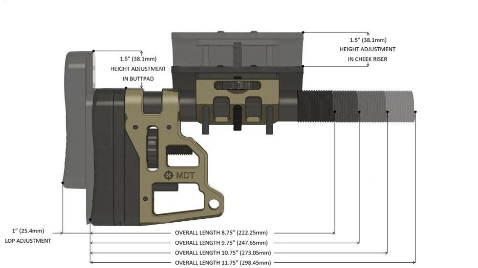 MDT Skeleton Carbine Stock, Adjustable Cheek Pad, 9.75 inch, Black 102856-BLK