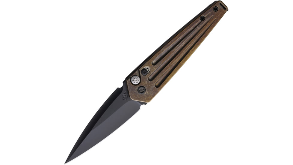 Medford Auto Nosferatu Button Lock S35 Automatic Folding Knife, 3.5in, S35VN, Black DLC Coated Blade, Bronze PVD Coated Titanium Handle, MKNAPQ-36A1-TPCP
