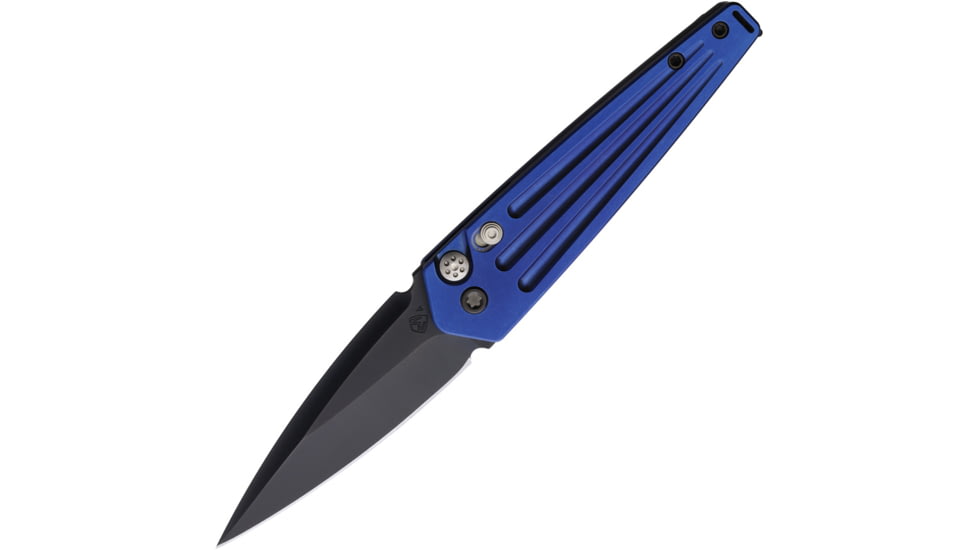 Medford Auto Nosferatu Button Lock S35 Automatic Folding Knife, 3.5in, S35VN, Black DLC Coated Blade, Blue Anodized Titanium Handle, MKNAPQ-37A2-TPCP