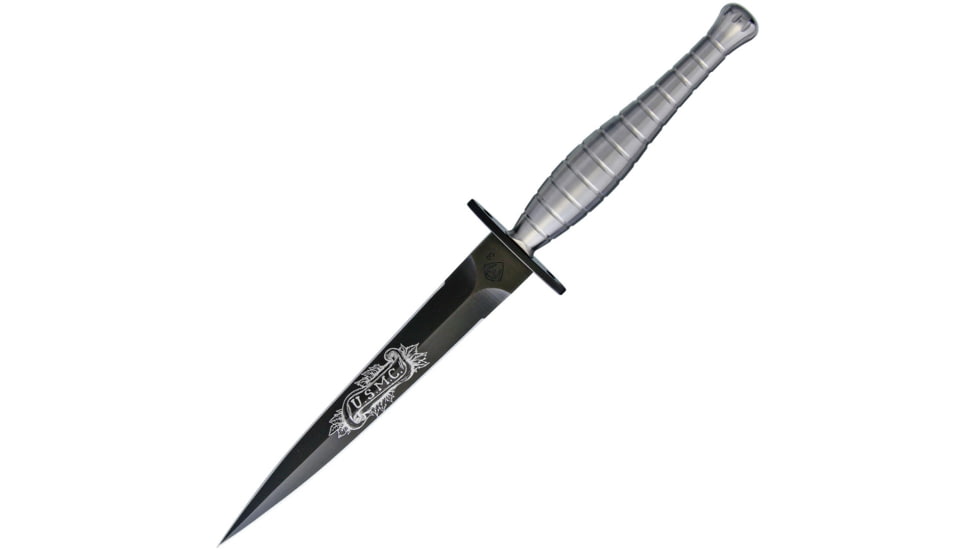 Medford USMC Raider Knife, 12.25in Overall, 7in Black Pvd Coated Double Edge 3V Steel Dagger Blade, Grooved Titanium Handle, Black Kydex Sheath, MK1013P-34KB