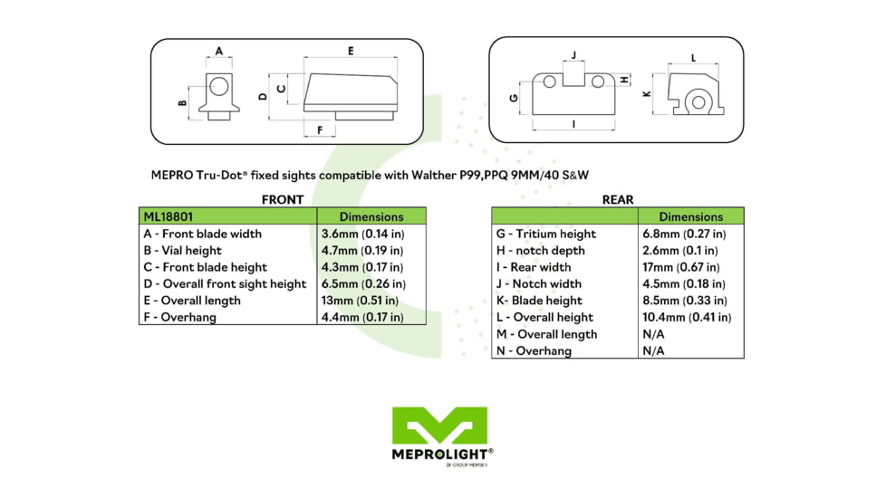 Meprolight Green Front &amp; Rear Night Sight for Walther PPS, 18802, 188023101