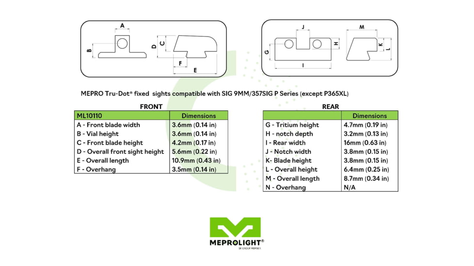 Meprolight Sig Sauer Tru-Dot Night Sight, P238 Handgun, Green, ML10138G, 101383101