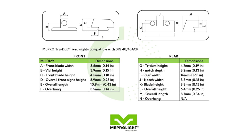 Meprolight Sig Sauer Tru-Dot Night Sight, Sig .40 and .45 ACP P series, Green, ML10129G, 101293101