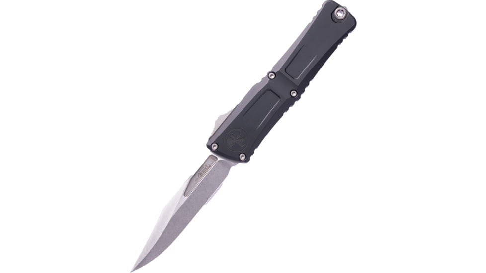 Microtech Combat Troodon Gen III Bowie Standard OTF Automatic Folding Knife, 4in Bohler M390MK Stonewash Blade, Black Aluminum Handle, 1146-10