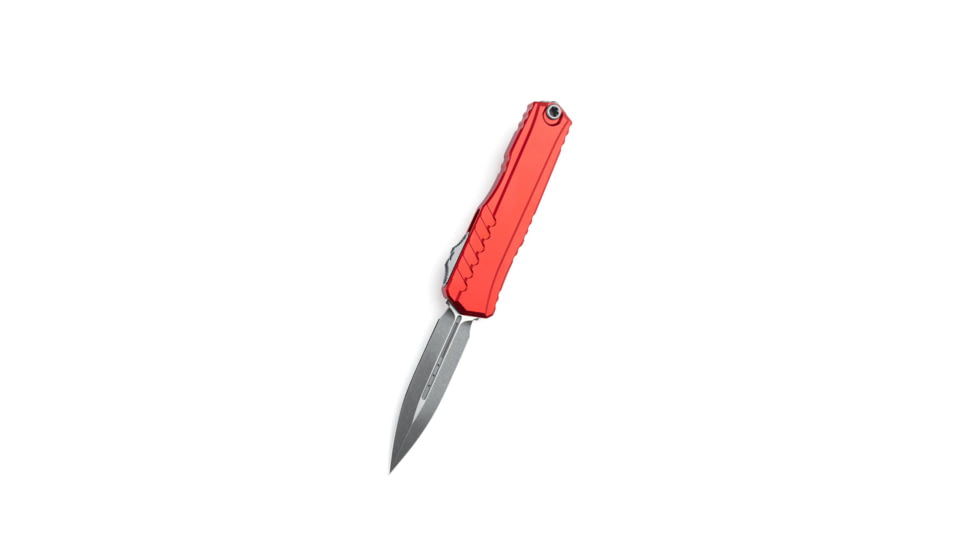 Microtech Cypher II D/E Automatic Folding Knife, 3.55in, Bohler M390MK, Apocalyptic, Double Edge Blade, Aluminum, Red Handle, 1242-10APRD