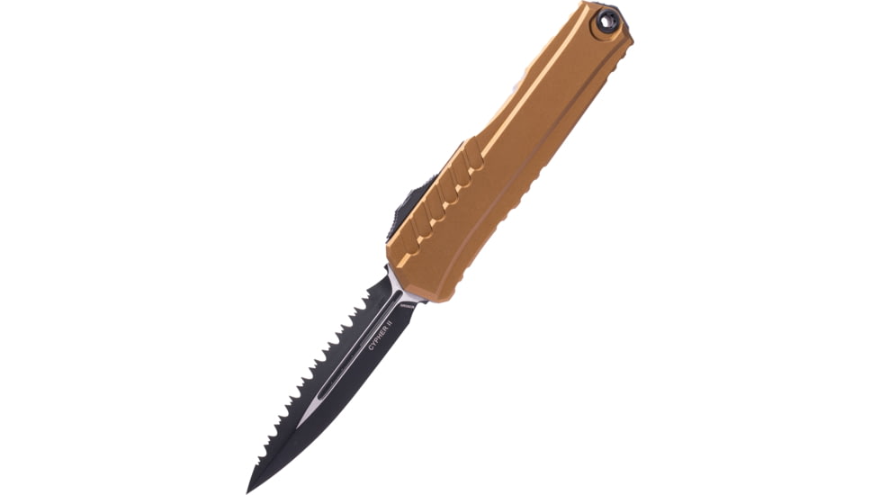 Microtech Cypher II D/E Black Full Serrate 3.55in Folding Knife, Tan, 1242-3TA