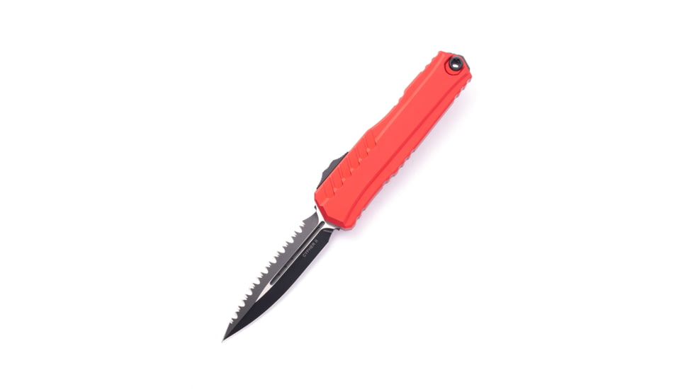 Microtech Cypher Ii D/E Automatic Folding Knife, 3.55in, Bohler M390MK, Black, Double Edge Blade, Aluminum, Red/Black Handle, 1242-3RD