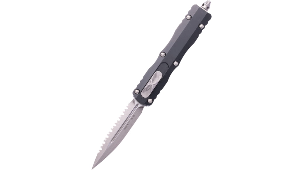 Microtech Dirac OTF D/E Automatic Folding Knife, 2.875in, M390 Steel, Apocalyptic, Double Edge Blade, Aluminum, Black Handle, 225-12AP
