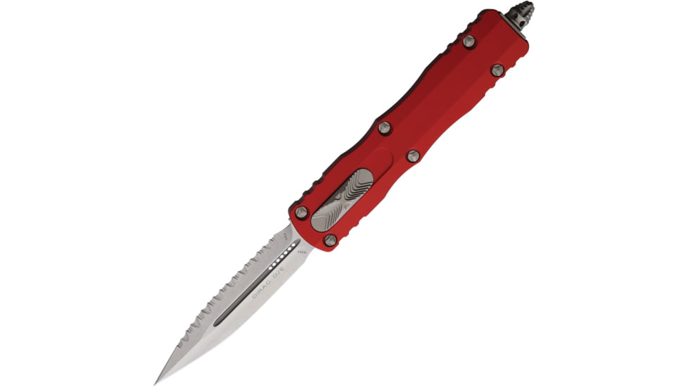 Microtech Dirac D/E Automatic Folding Knife, 2.875in, M390 Steel, Stonewashed, Double Edge Blade, Aluminum, Red Handle, 225-12RD