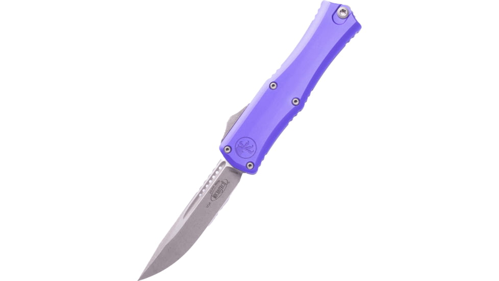 Microtech Hera II Mini S/E Automatic Folding Knife, 2.9in, Bohler M390MK, Apocalyptic, Drop Point Blade, Aluminum, Purple Handle, 1703M-10APPU