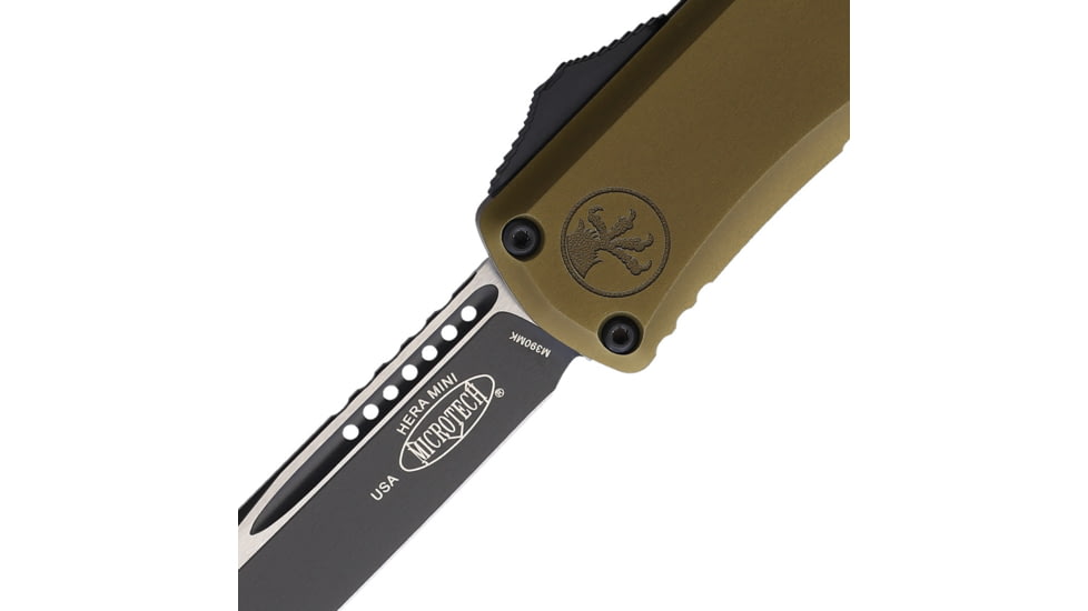 Microtech Hera II Mini S/E Automatic Folding Knife, 2.9in, Bohler M390MK, Black, Drop Point Blade, Aluminum, OD Green Handle, 1703M-1OD