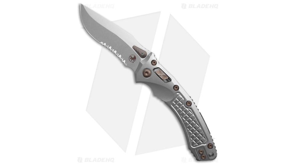 Microtech Marfione Custom Amphibian Folding Knife, 3.90in, Bohler M390MK, Drop Point Blade, Titanium, Gray Handle, Serr/Texture, Gray/Gray, 9.25 inch, BHQ-222698