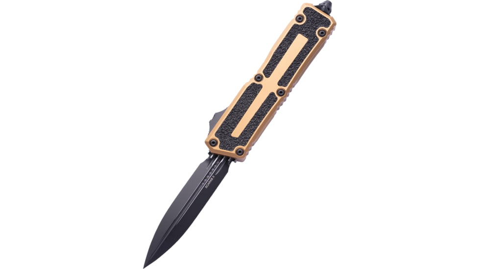 Microtech Scarab II Gen III D/E Automatic Folding Knife, 3.95in, Bohler M390MK, Black, Double Edge Blade, Aluminum, Tan Handle, 1280-1TA