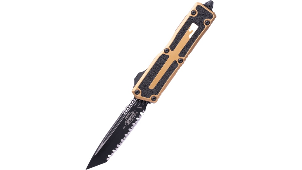 Microtech Scarab II Gen III T/E Black Full Serrate 3.95in Folding Knife, Tan, 1279-3TA